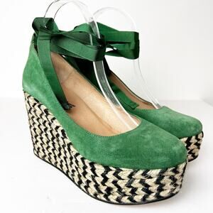 SZ 39 Free People Green Suede Ankle Tie Espadrille Wedge